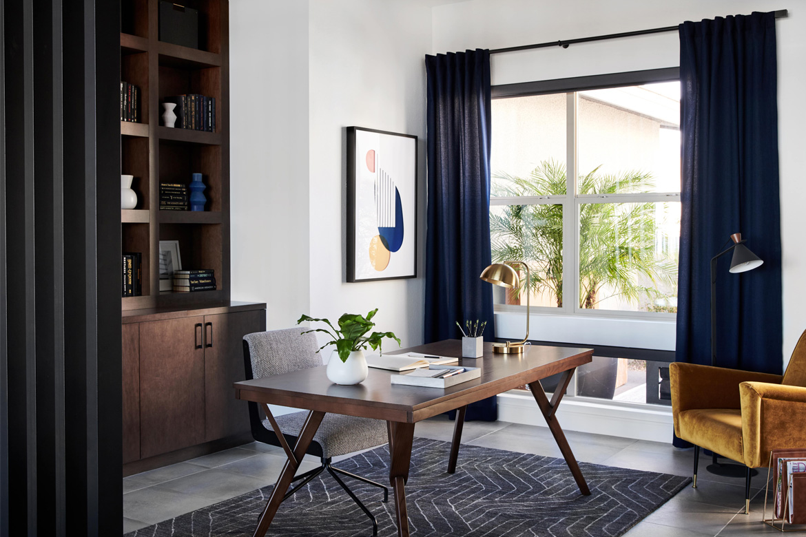 With a Classic Mid-Century look, this home office in Tri Pointe Homes’ Sandalwood neighborhood will put you in the right headspace for productivity.